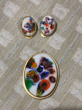 Vintage Czech millefiori glass pendant & earring set